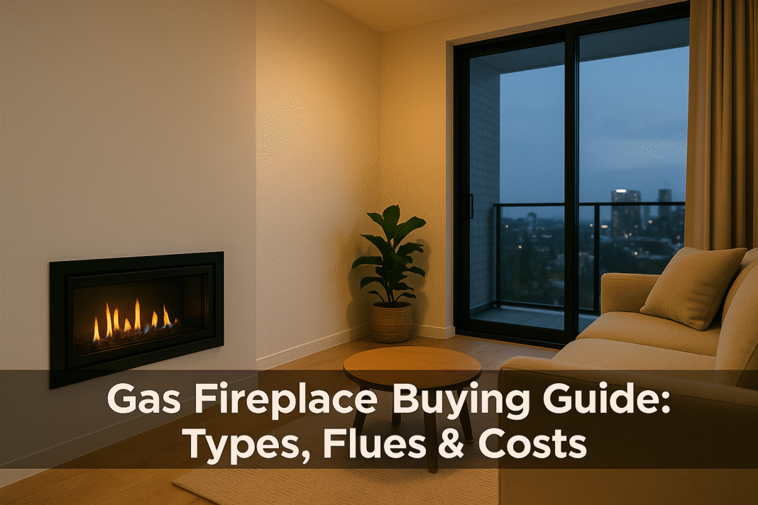 Modern gas fireplace with labeled flue and controls — buying guide