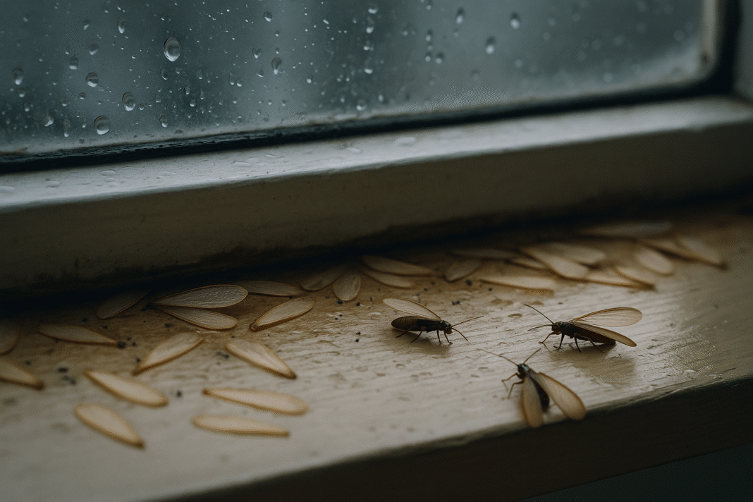 Flying termite swarmers and shed wings on a windowsill after rain